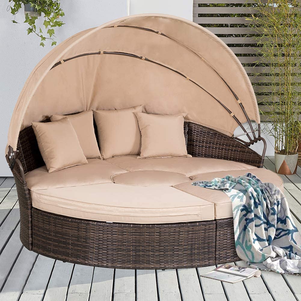  Patiomore Outdoor Patio Round Daybed with Retractable Canopy