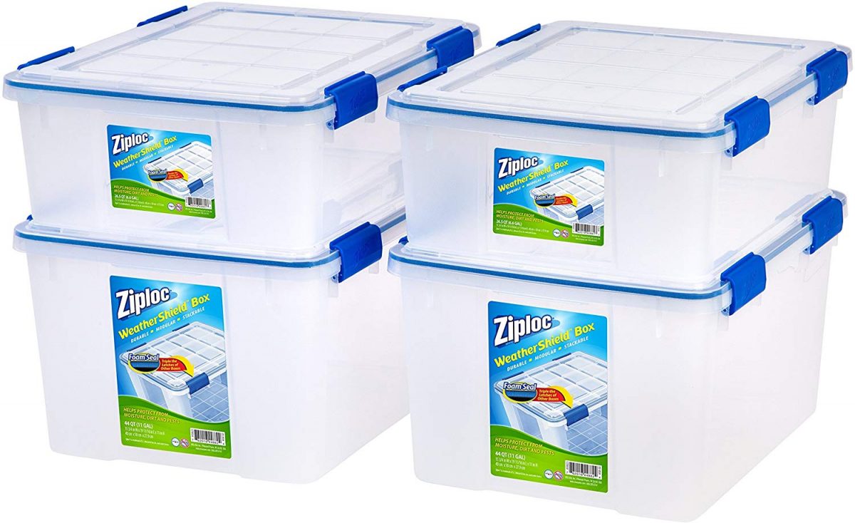 4-Pack WeatherShield Storage Box Case of 4 Bundle with Ziploc 60 Qt./15 Gal Ziploc 44 Qt./11 Gal WeatherShield Storage Box in Clear 