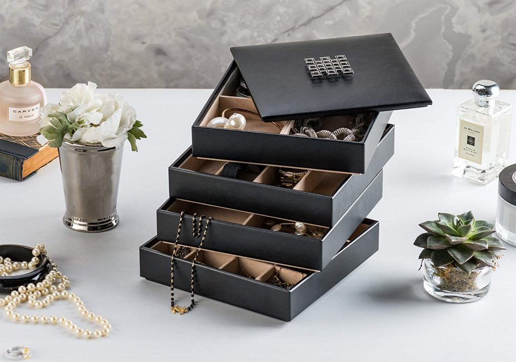 4 Stackable Trays & Lid with Mirror; Jewelry Storage Ideas