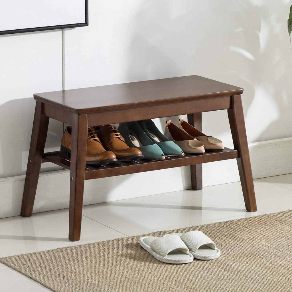 Dark brown shoe bench with seat