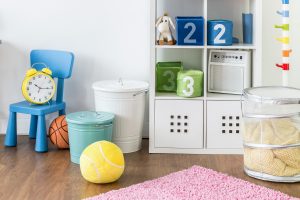 Storage bins in a playroom