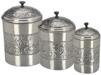 Pewter-Plated 3-Piece Embossed Steel Canister Set Silver