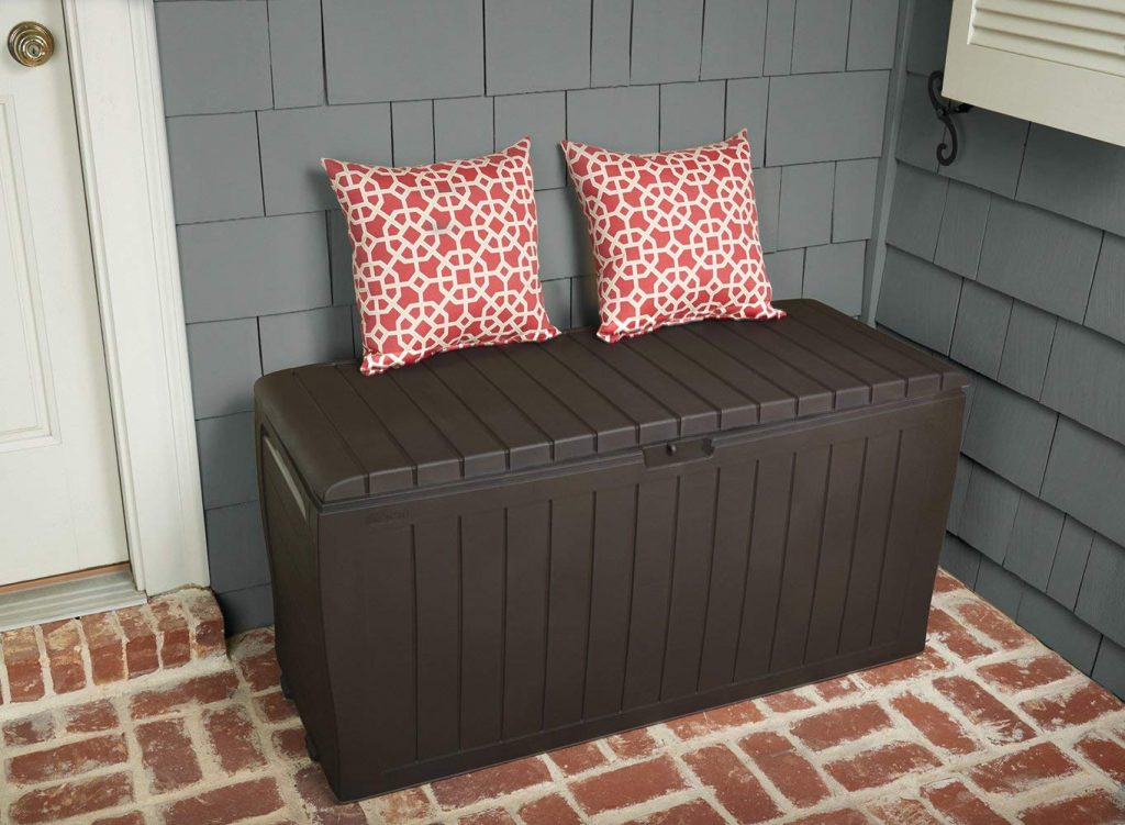 Outdoor storage box with 2 cushions on top