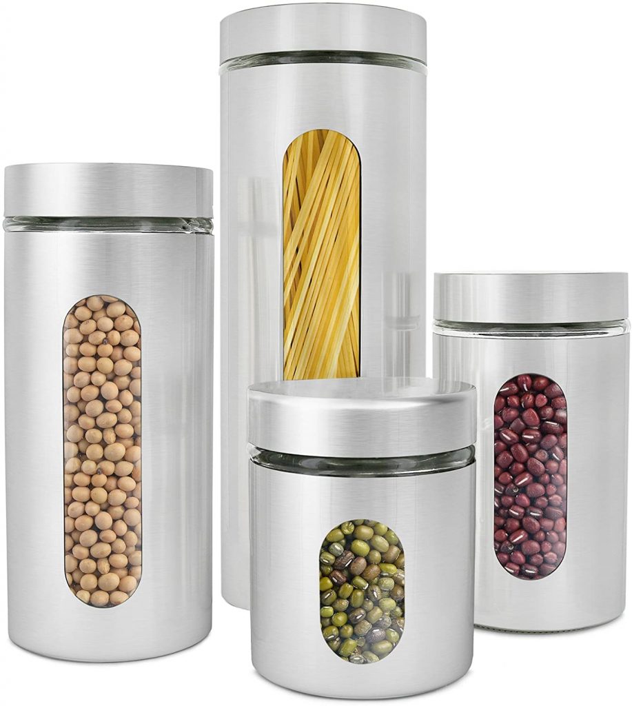 Estilo 4 Piece Brushed Stainless Steel and Glass Canisters with Window