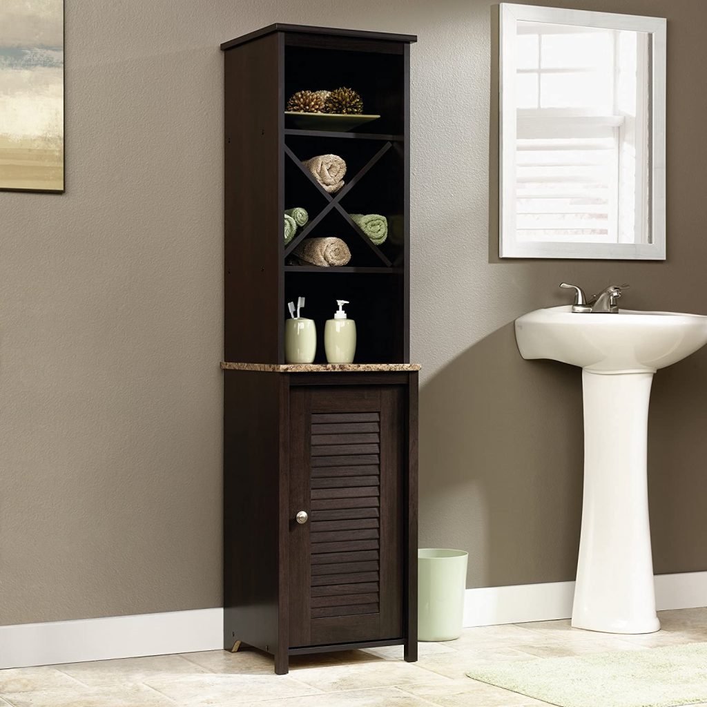 Small Floor Bathroom Storage Cabinet Space Saver Faux Granite Top Dark Wood Rest 