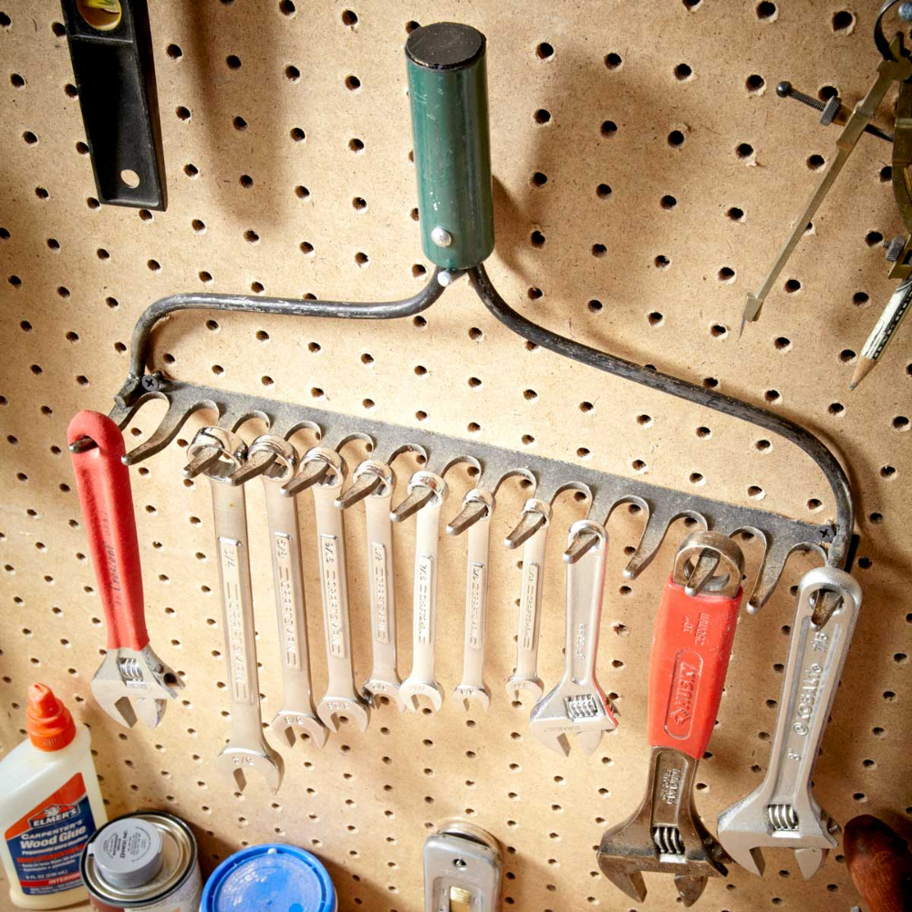 rake rack, upcycled rake, wrench rack, garage storage ideas