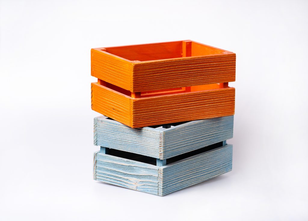 Different colored crates 
