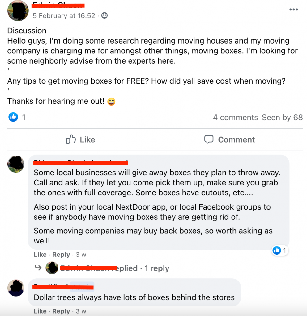 Ask for moving boxes in Facebook community group