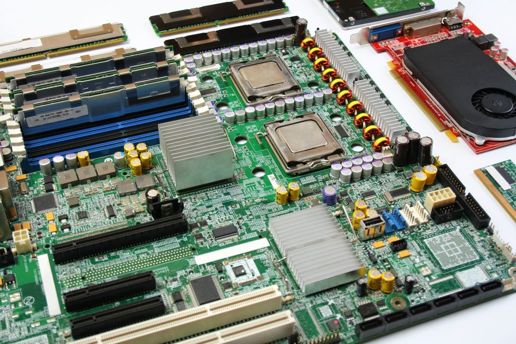 Computer motherboard with processor, ram memory, graphics card