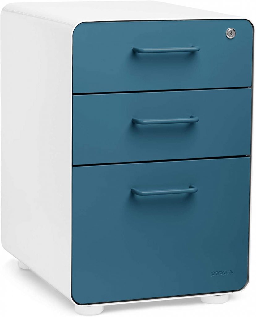 Poppin WhiteSlate Blue Stow 3-Drawer File Cabinet