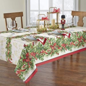 Festive Baubles Holly Christmas Tablecloth & Napkins Glittery Red Table Linen 