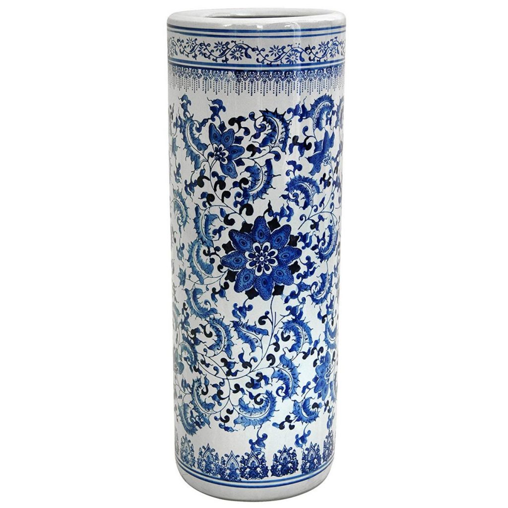 24″ Floral Blue & White Porcelain Umbrella Stand