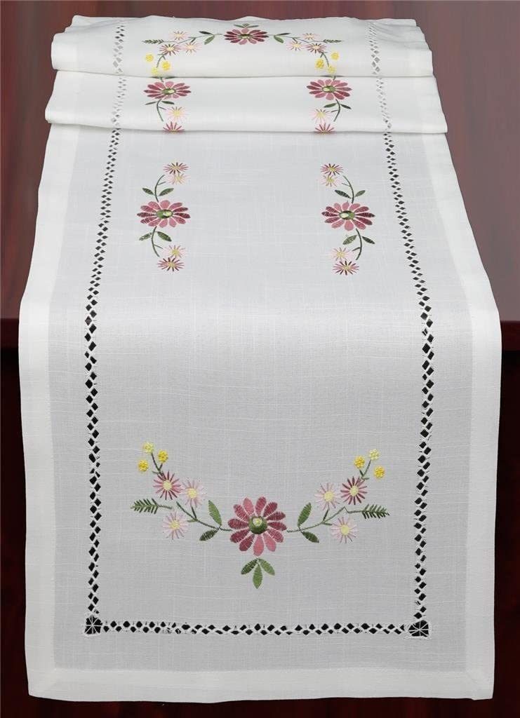 Creative Linens Hemstitch Embroidered Daisy Flower Table Runner