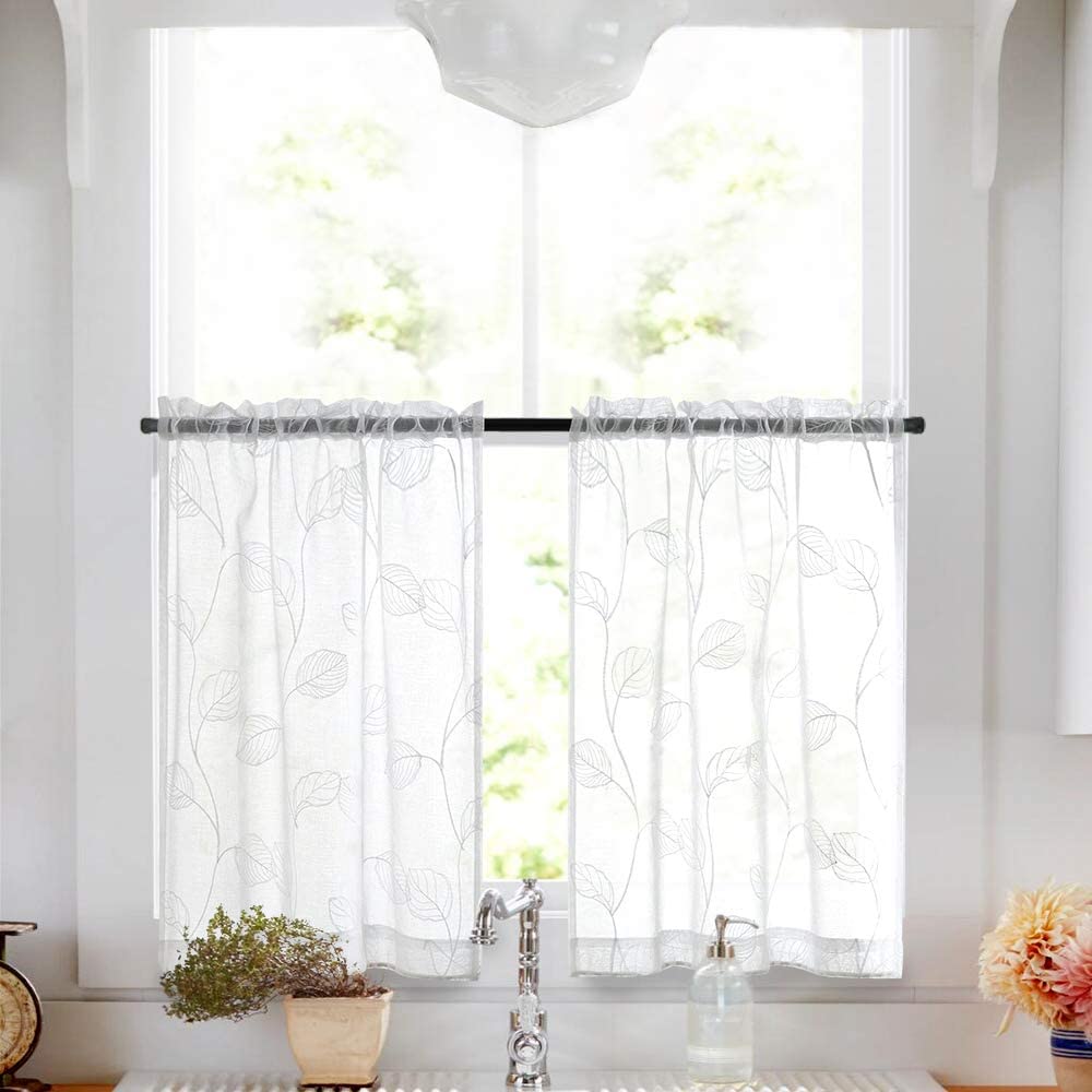 White Sheer Tiers with Leaf Embroidered Design Curtains 