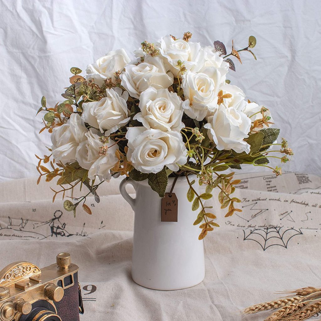 BEGONDIS Aitificial Bouquets Rose Flowers with Ceramic Vase