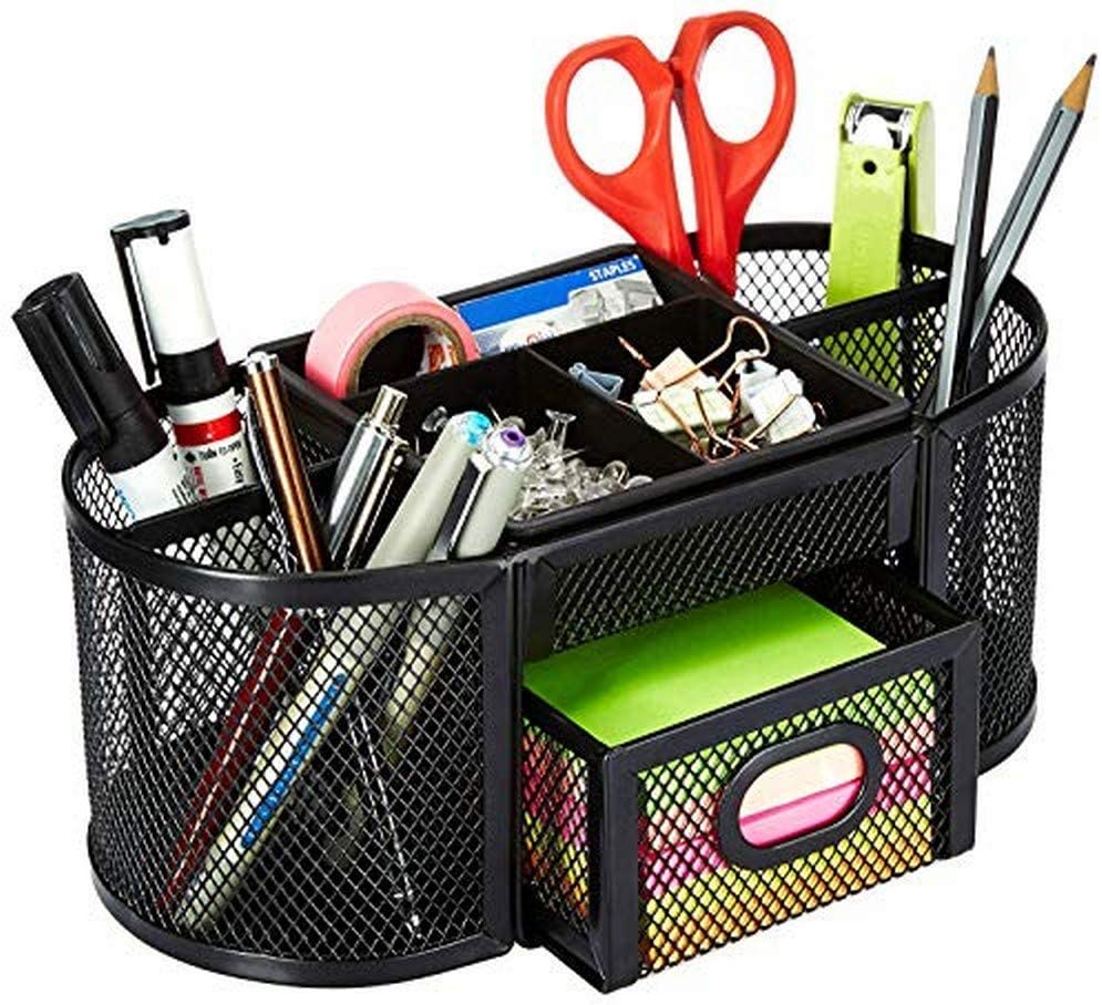 Desk Stationery Organizer Caddy for School Office Desktop Organizers and Accessories Black 4 Compartments Pencil Holder Marbrasse Upgraded Mesh Desk Supplies Organizer with Drawer 