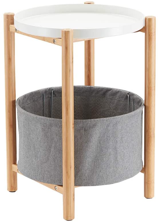 Bamboo Round End Table with Gray Storage Basket