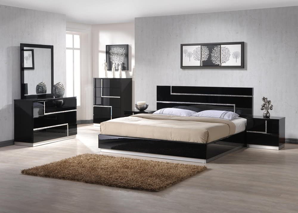  J&M Furniture Lucca Black Lacquer With Crystal Accents Queen Size Bedroom Set