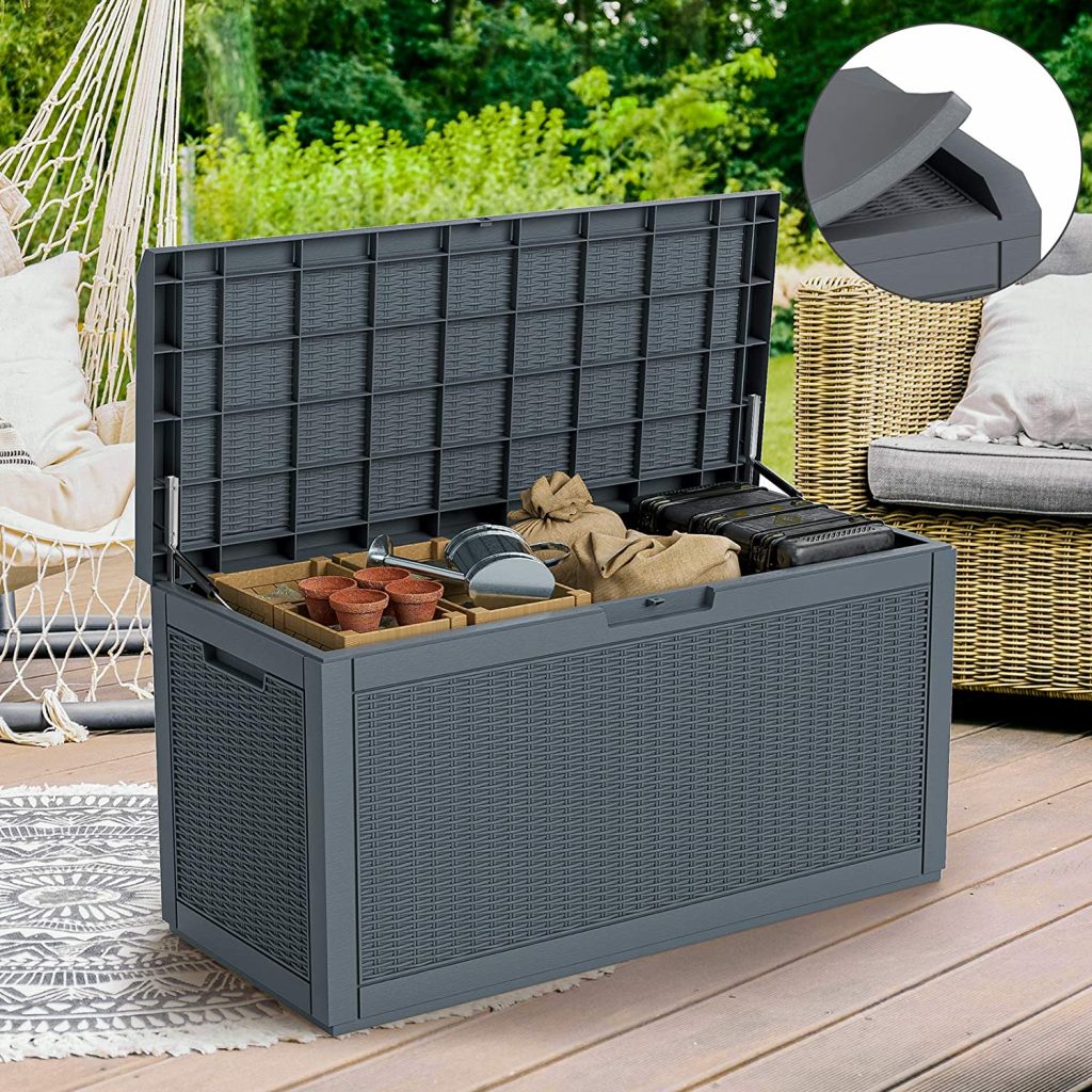 Pool Accessories and Toys Flamaker 100 Gallon Large Deck Box Waterproof Resin Outdoor Storage for Patio Furniture Garden Tools Black 