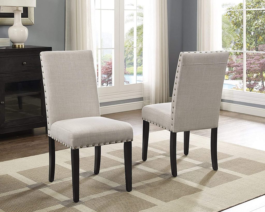  Roundhill Furniture Biony Tan Fabric Dining Chairs with Nailhead Trim