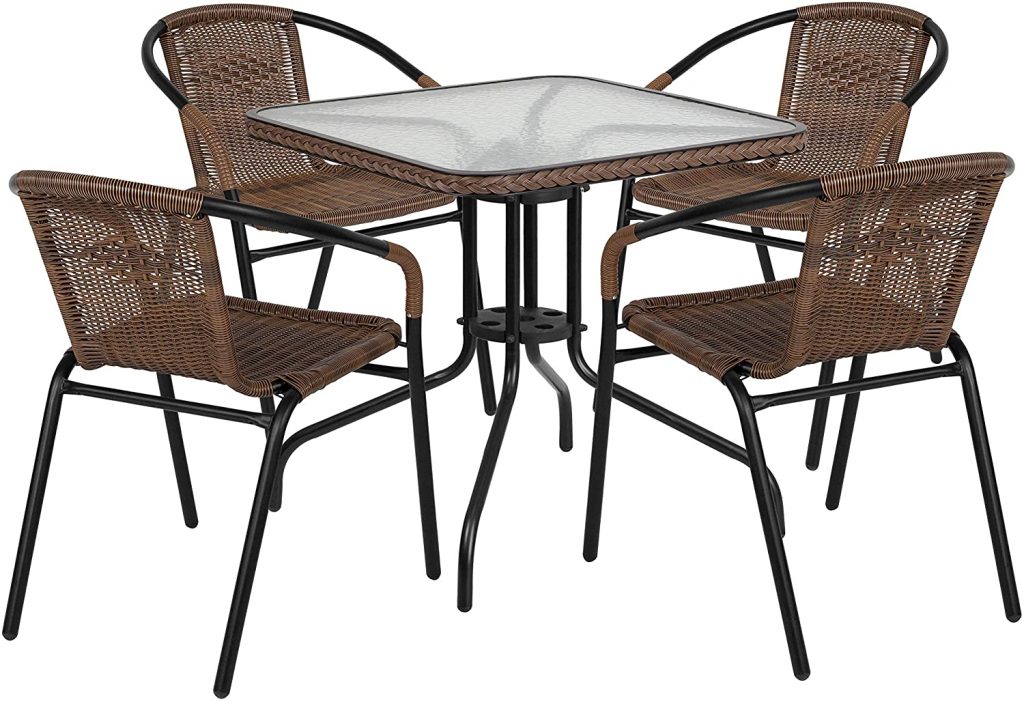Square Glass Metal Table with Black Rattan Edging