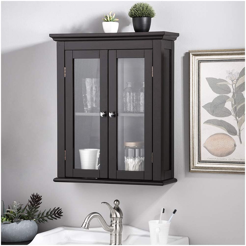 Glitzhome Wooden Wall Storage Cabinet With Glass Double Doors