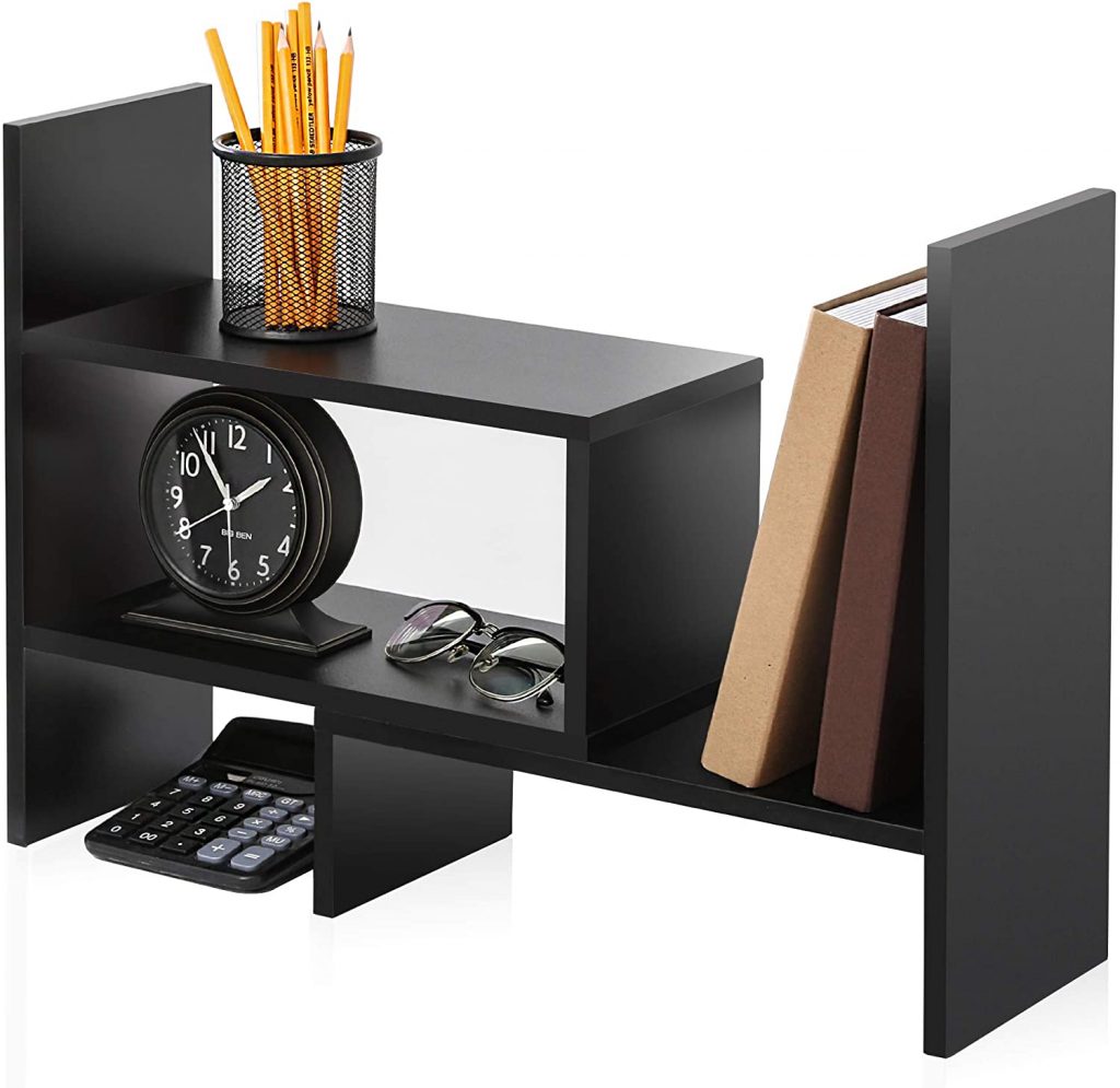 EasyPAG Wood Small Desk Shelves Adjustable Mini Desktop Bookshelf Freestanding Bookcase Home and Office Desk Tidy Organiser,Dark Grey