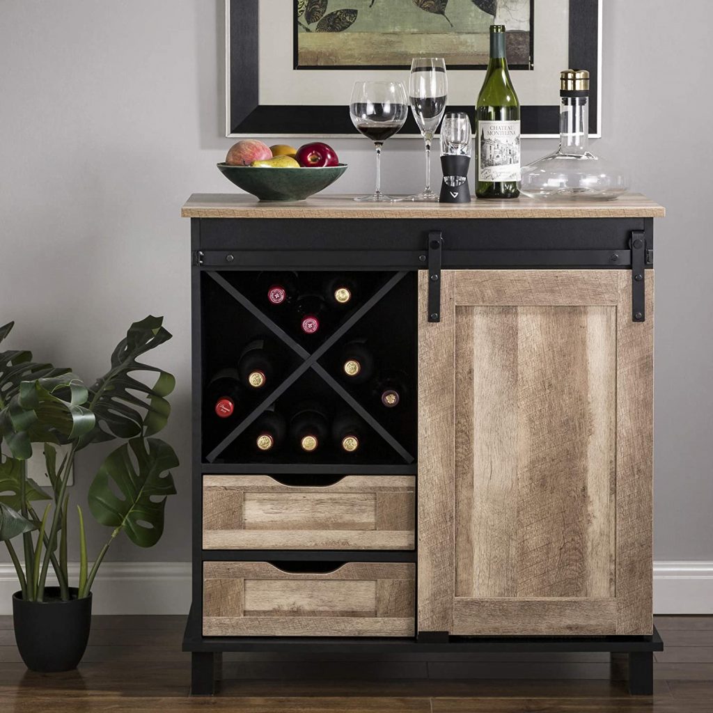Glitzhome Wood Rustic Wine Cabinet 2-Piece Bar Cabinet with Wine Storage