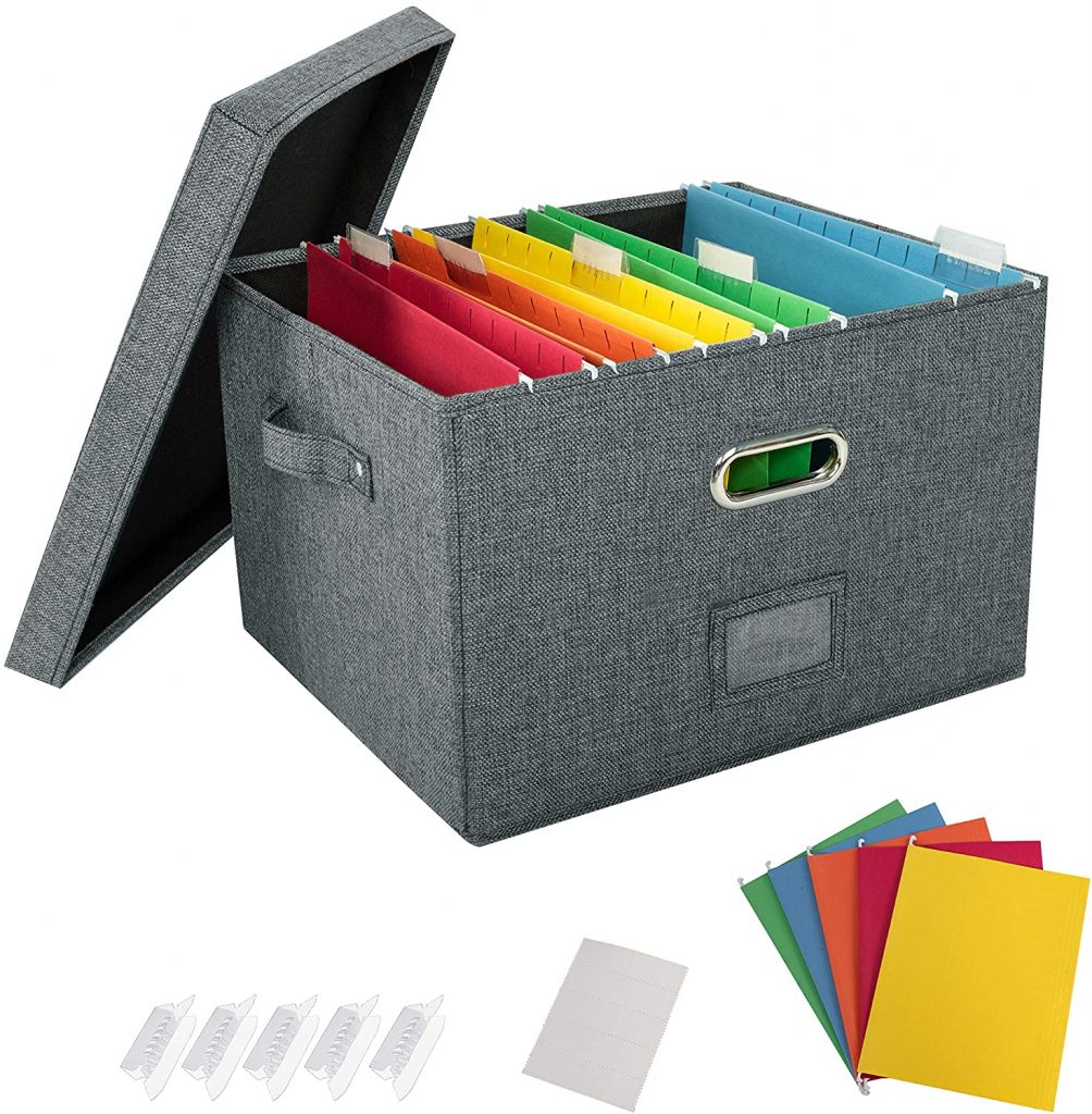 CHAROCOUT File Organizer Boxes with Sliding Rail Collapsible Linen Filing Cabinets & Storage Office Box Hanging Letter Folder Grey 2-Pack 