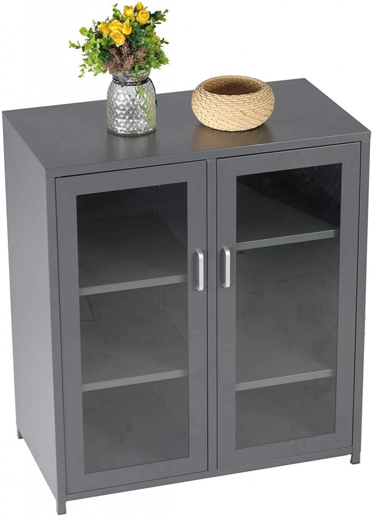 LONABR Industrial Style Storage Cabinet Low Display Cabinet with Double-Door Glass Doors Adjustable Shelf Metal,Gray