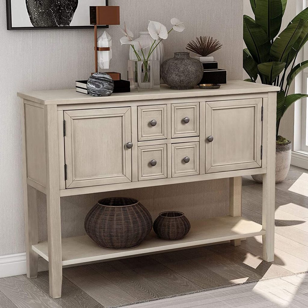 P PURLOVE Console Table Sideboard with Storage Drawers Cabinets and Bottom Shelf