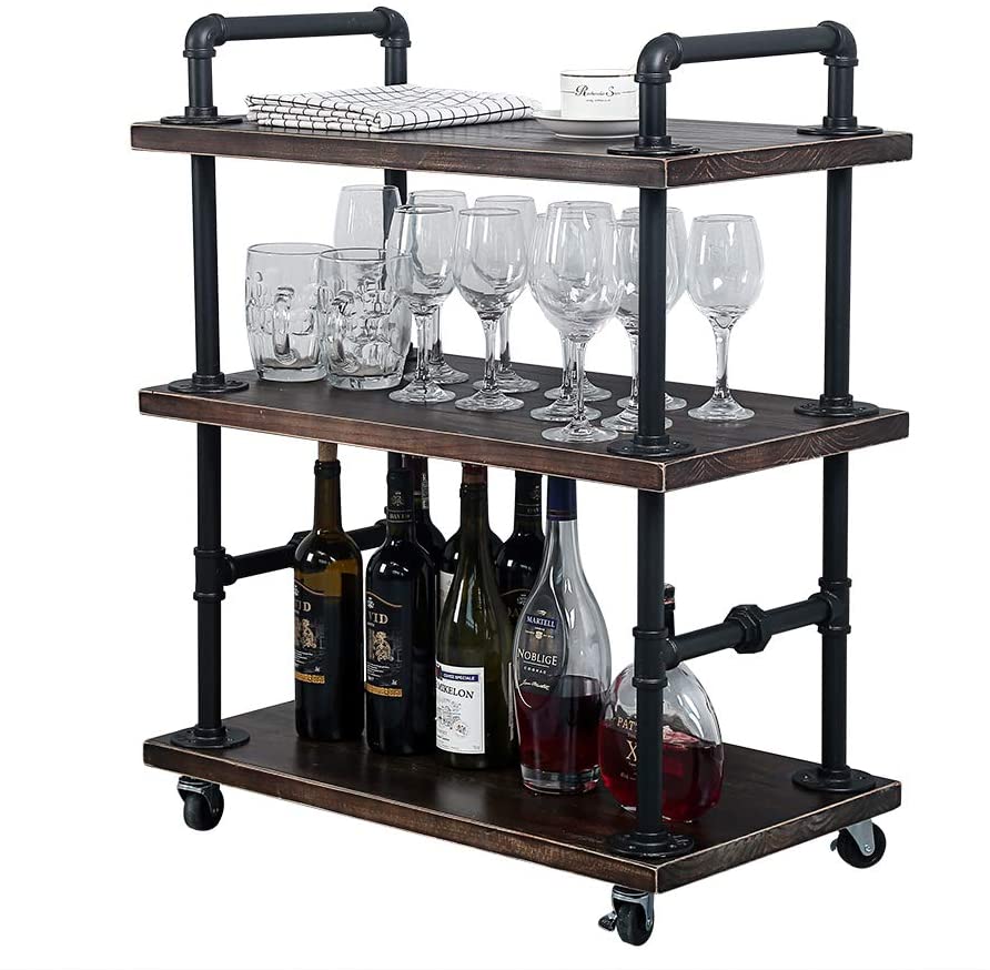  WGX Design For You Solid Wood and Pipe Wine Rack with Wheels Kitchen Bar Dining Room Tea Wine Holder Serving Cart Furniture