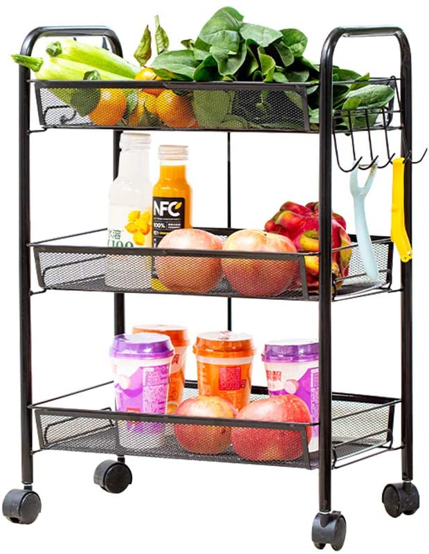 Mobile Utility Cart with Mesh Basket and Handle CASART 3-Tier Organizer Trolley Silver Multifunction Rolling Storage Cart Trolley for Bathroom Kitchen Laundry Room Office