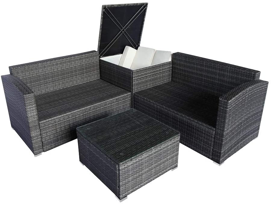  Rhomtree 4 Pcs Patio Sofa Set Outdoor Wicker Rattan Furniture Conversation Set with Storage Cabinet