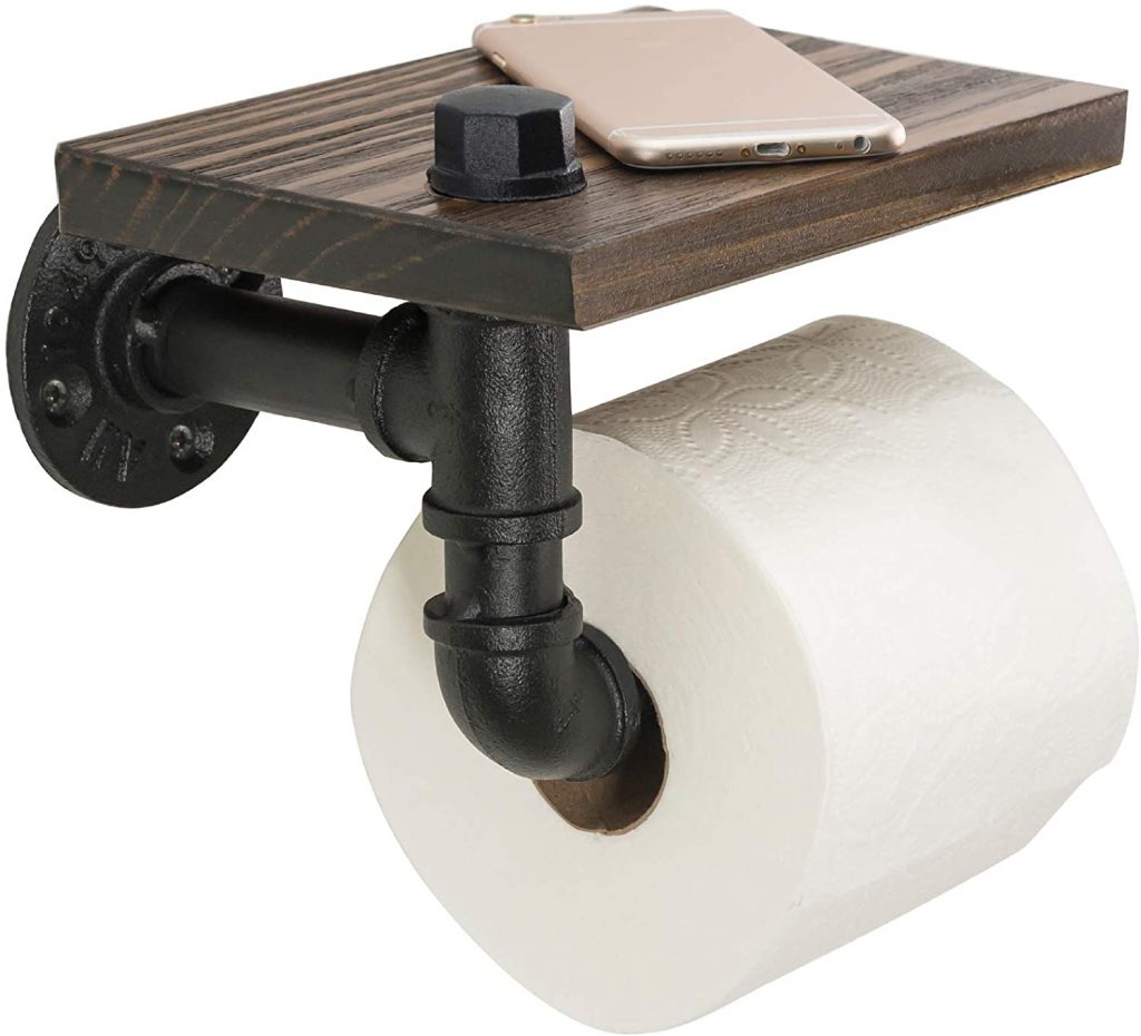 Excello Global Products Industrial Toilet Paper Holder with Rustic Wooden Shelf and Cast Iron Pipe Hardware for Bathroom