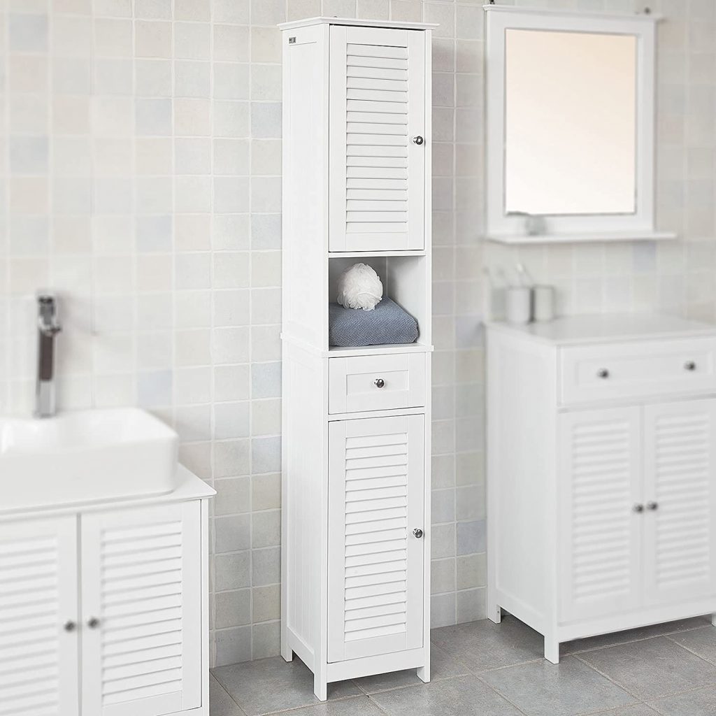 Haotian White Floor Standing Tall Bathroom Storage Cabinet with Shelves and Drawers