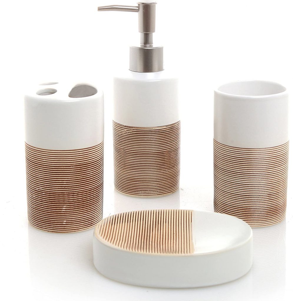 MyGift Deluxe 4 Piece White And Beige Ceramic Bathroom Set