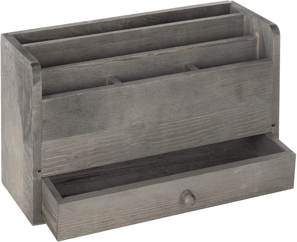 MyGift Rustic Gray Wood Desktop Office Document And Mail Organizer With Pull Out Drawer
