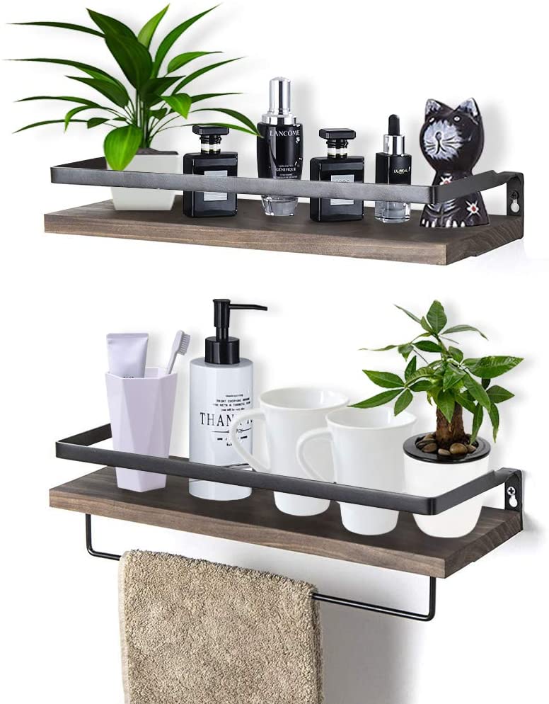 Rustic Floating Wall Shelves with Rails, Set of 2