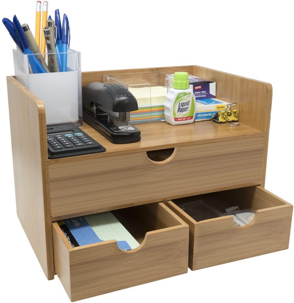 Coideal Wooden Desk Organizer 6 Compartments with Drawer for Office Supplies and Desk Accessories Brown 