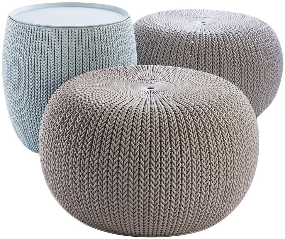  Keter Urban Knit Pouf Ottoman Set of 2 with Storage Table for Patio and Room Décor-Perfect for Balcony