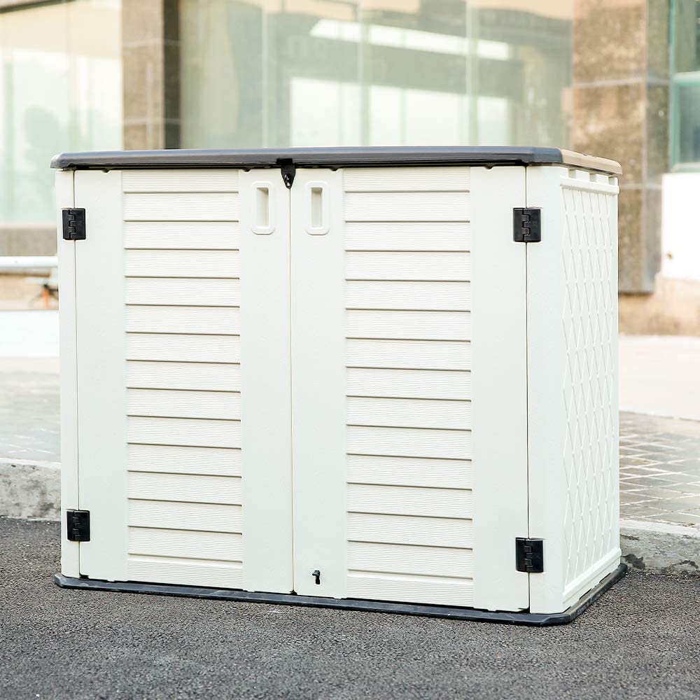 A cream-colored, 2-door outdoor trash enclosure product