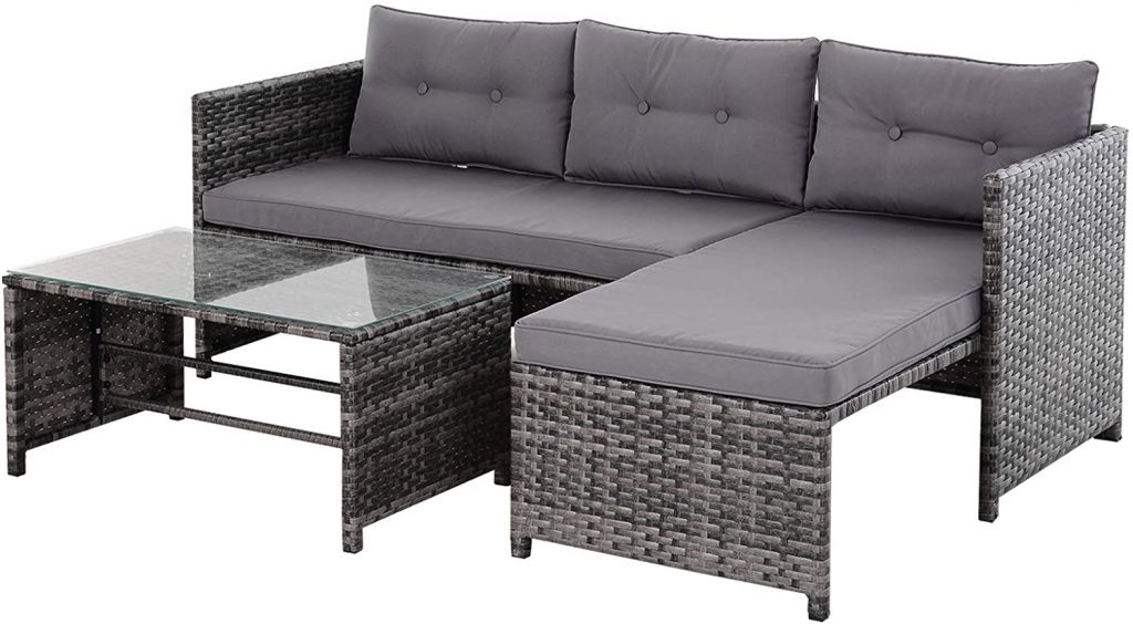 Outsunny 3-Piece Wicker Rattan Patio Set, Includes Sofa, Chaise & Coffee Table