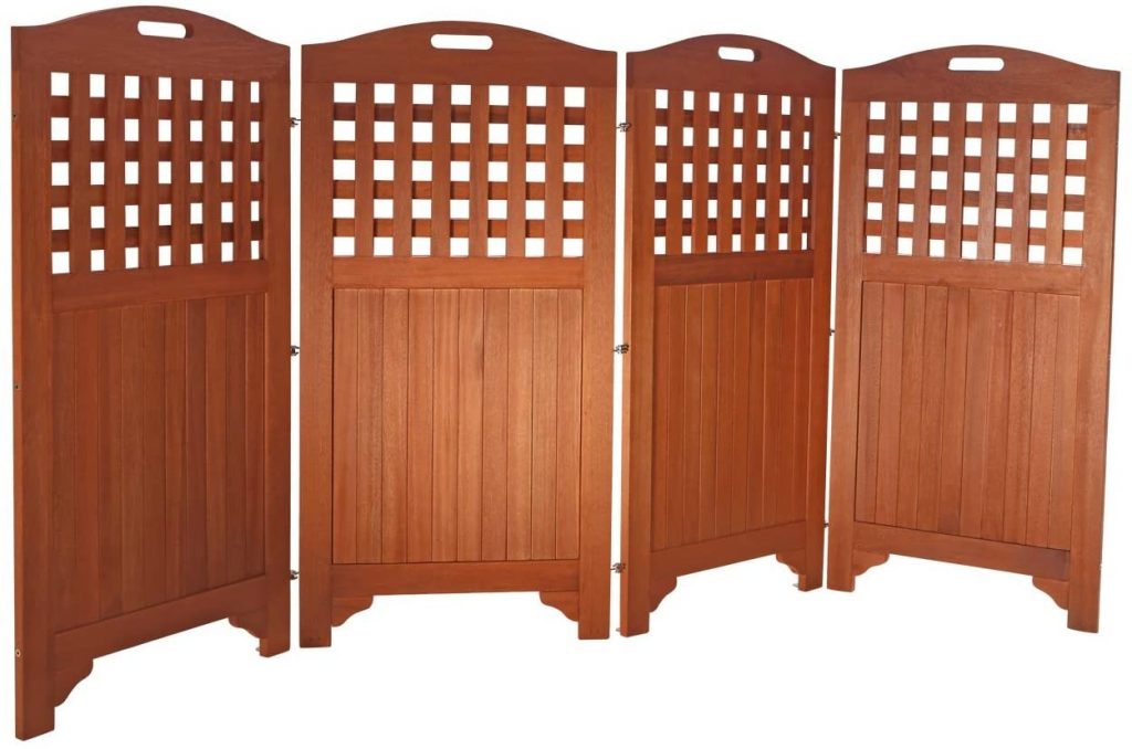 4 wooden outdoor privacy screens that function collectively as a outdoor trash can enclosure