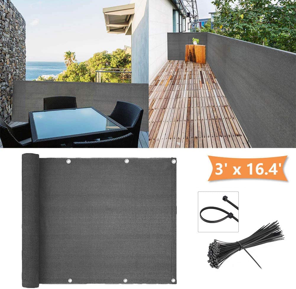VEUSBJ 3x16.4ft Balcony Privacy Screen Cover,Weather-Resistant UV-Proof Sun Protection Net with Rope and Cable Ties for Balcony Backyard Patio,White 
