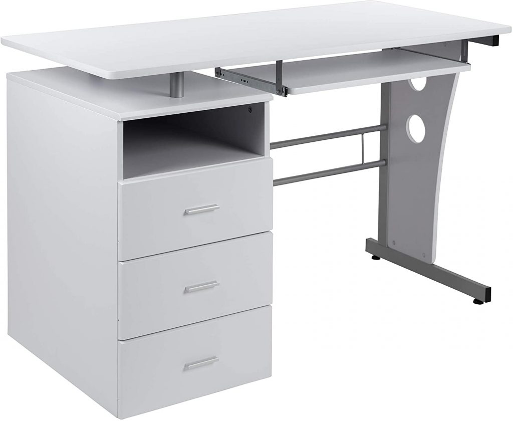  Flash Furniture White Desk with Three Drawer Pedestal and Pull-Out Keyboard Tray