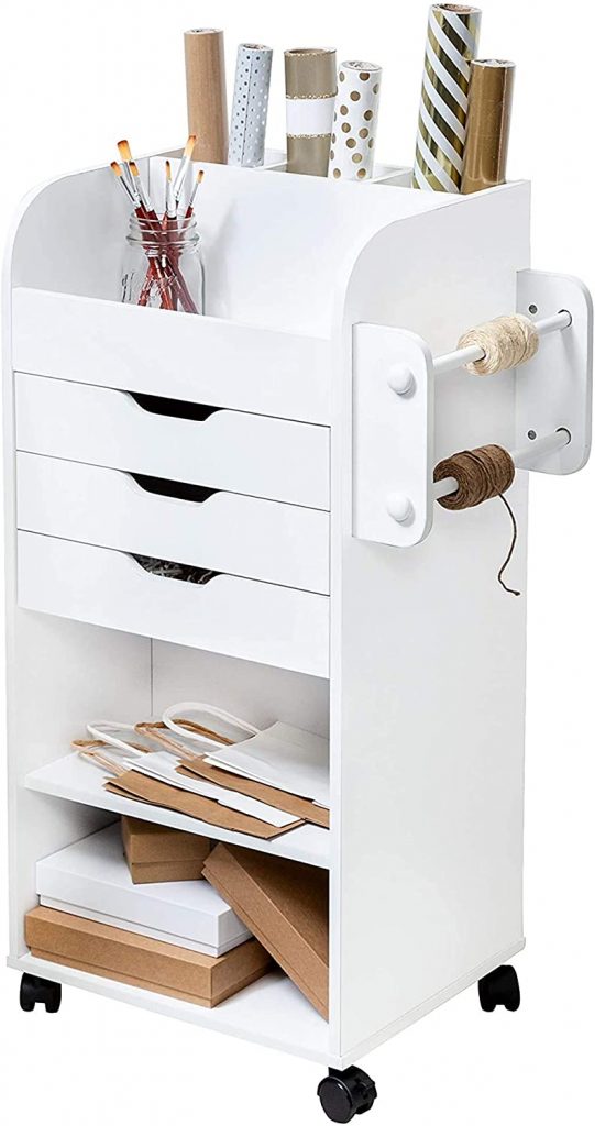 White rolling craft storage cart with drawers