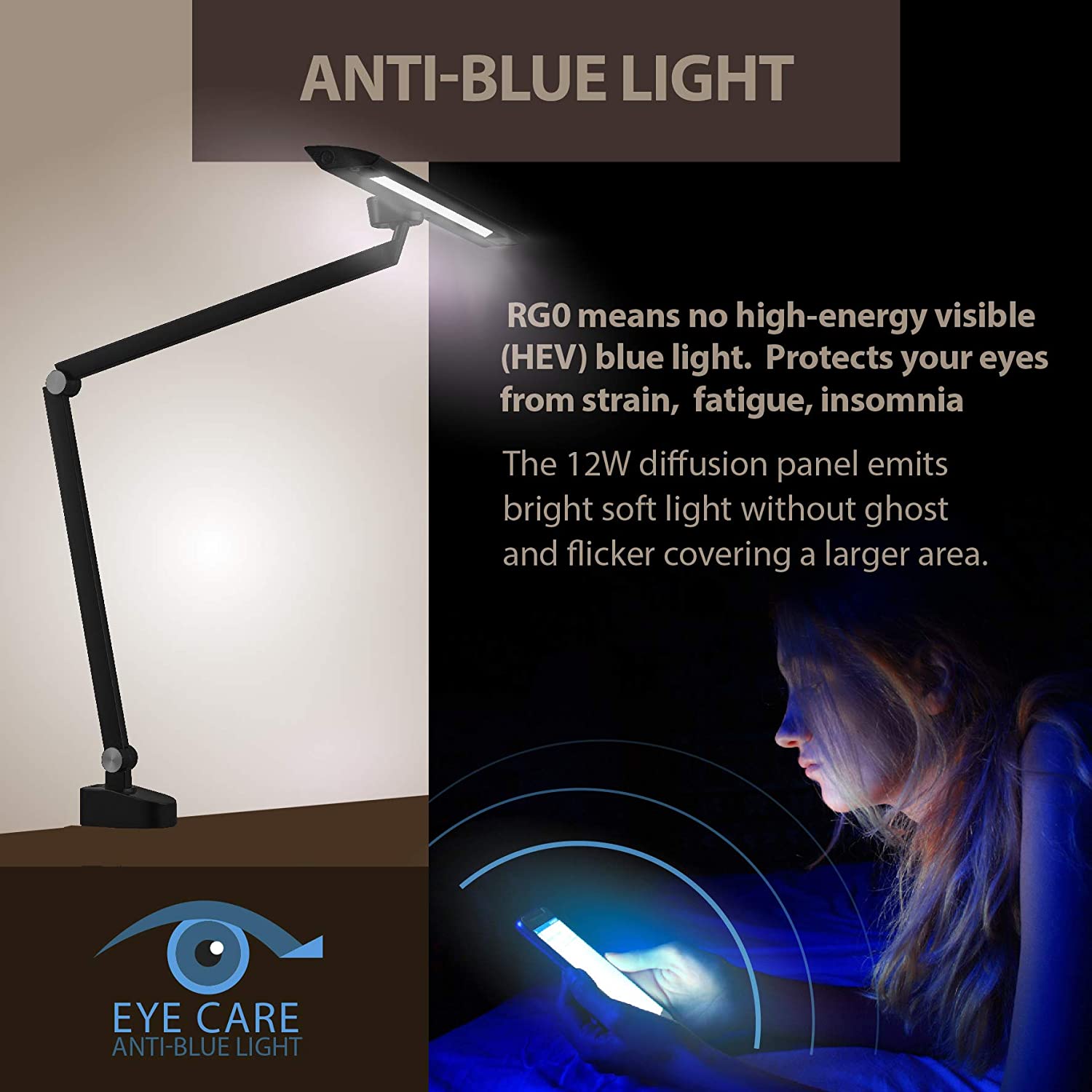 OTUS Architect Desk Lamp Clamp - 12W Bright Eye-Care Tall Task Light