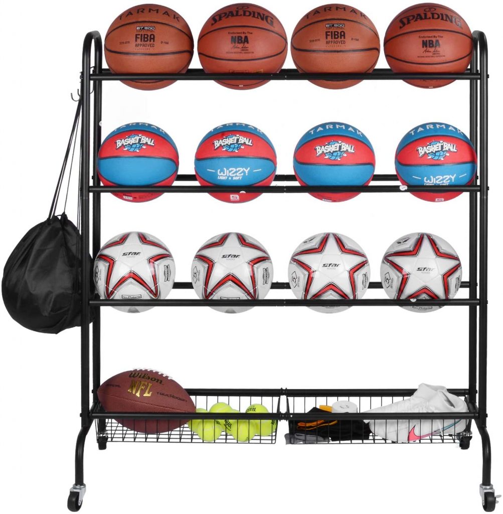 Roll over image to zoom in EXTCCT Basketball Rack, Rolling Sports Ball Storage Cart