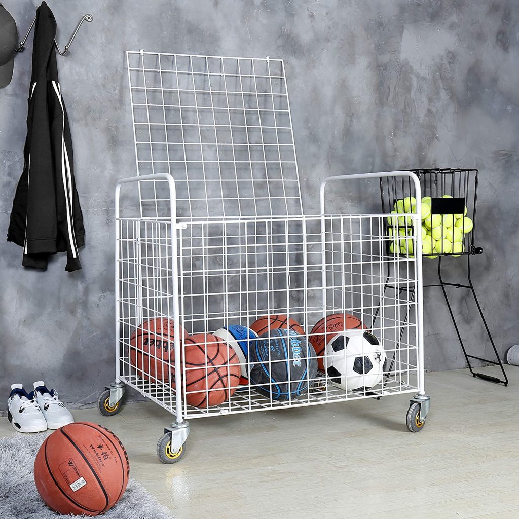  MyGift Metal Rolling Multi Sports Ball Storage Hopper & Basketball